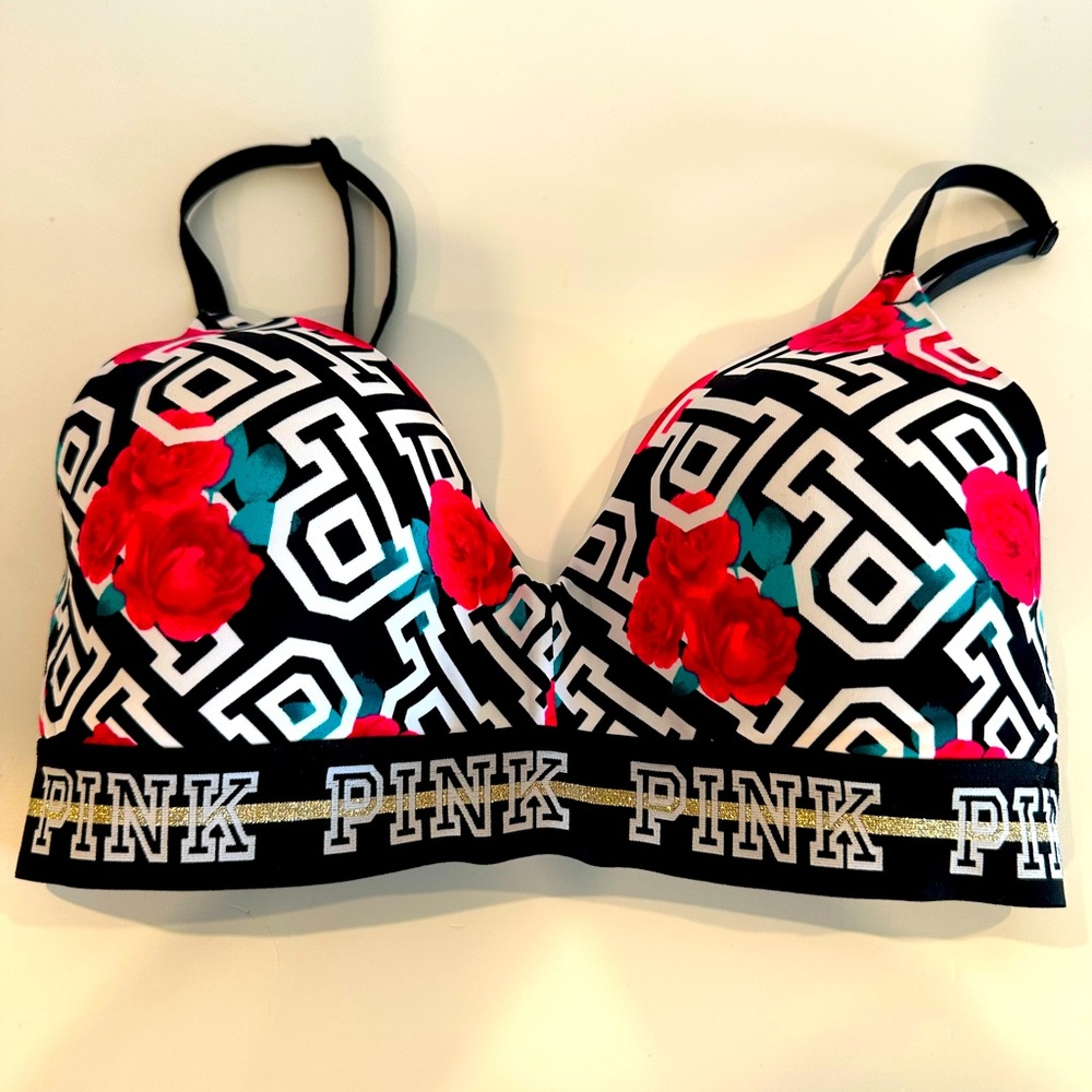 PINK black, red and white floral design padded bra, Size 32D